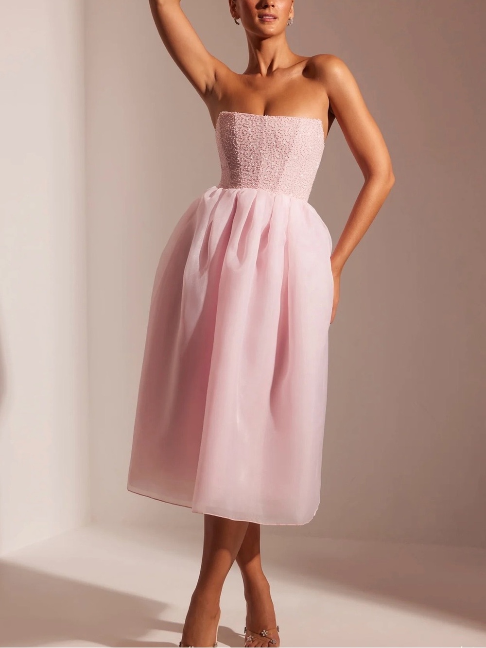 OH POLLY Pink Pearl Embellished Ballerina Tulle Corset Midi Dress Size 4 New
